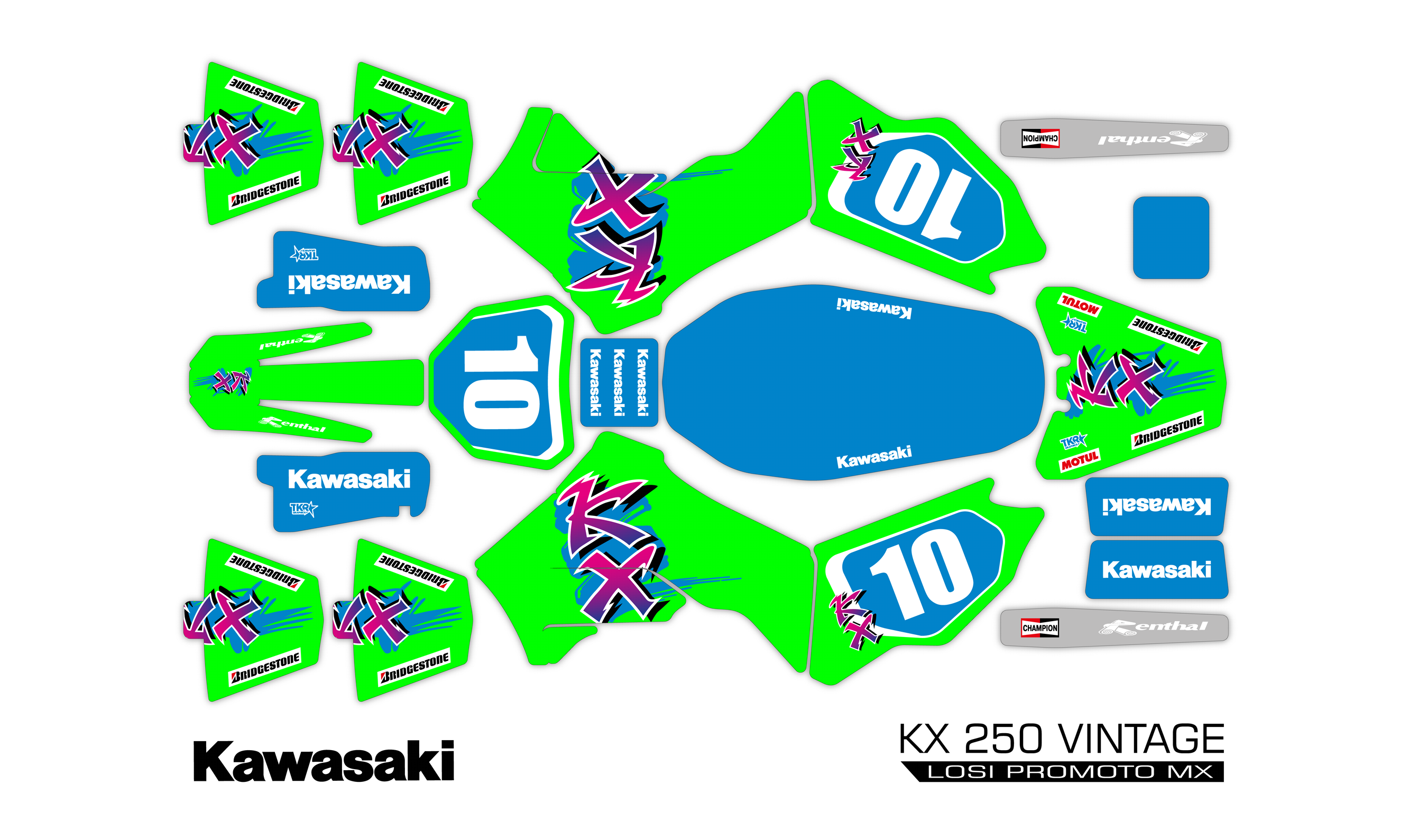 KAWASAKI KX250 VINTAGE PRO LOSI PROMOTO MX SKIN - GLOSS FINISH