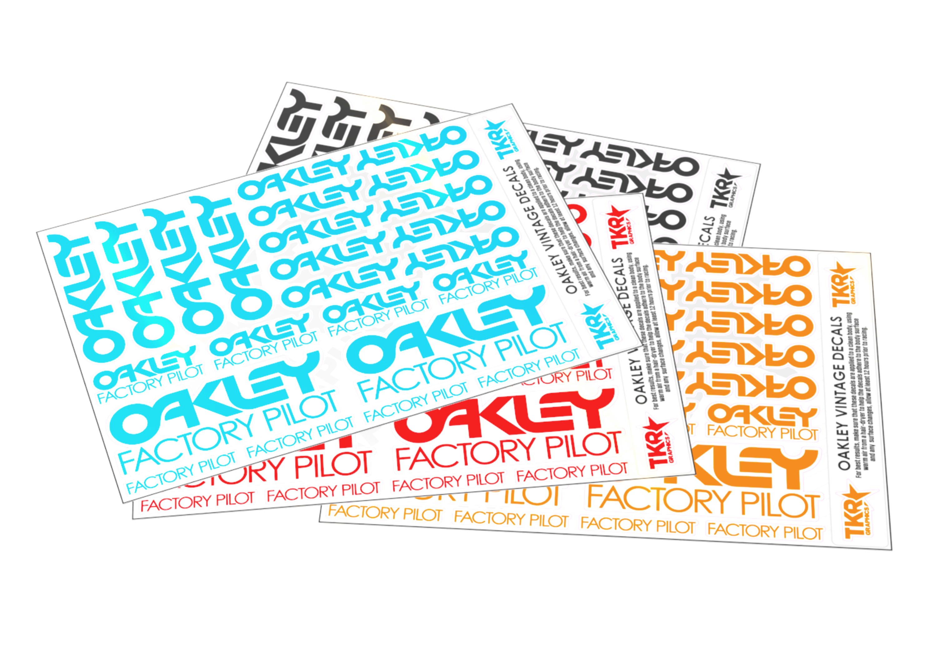 Set of Oakley Factory Pilot decal sheets on a white background